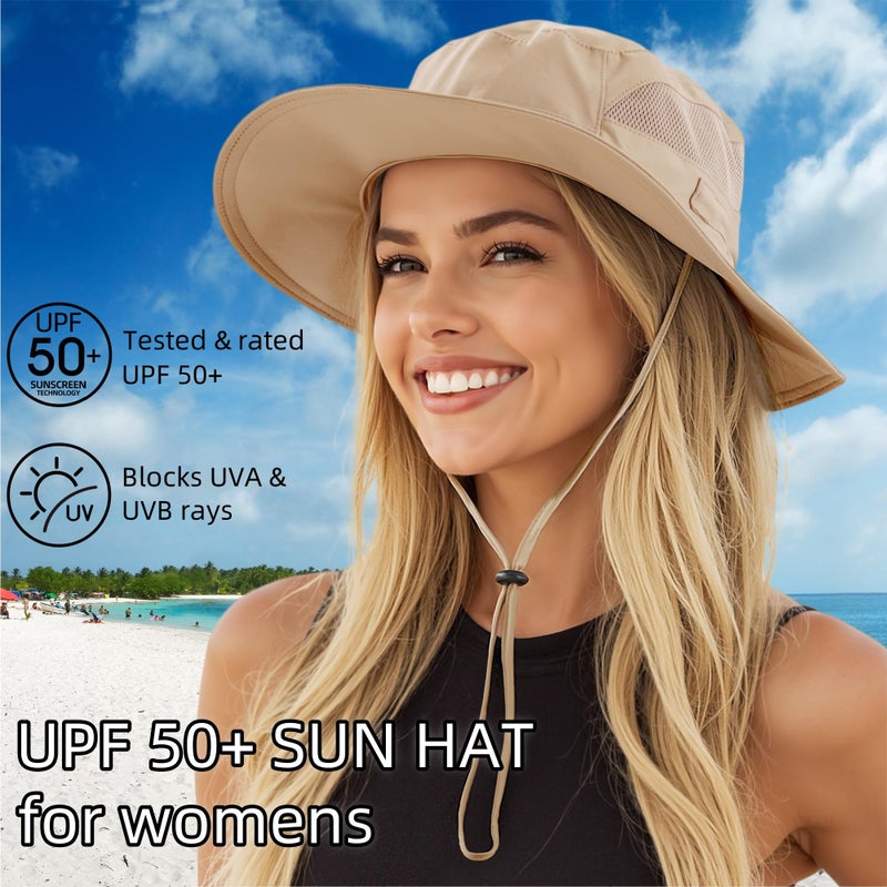 Connectyle Womens Outdoor Mesh Boonie Sun Hat Summer Wide Brim UV Protection Fishing Hat Safari Cap Khaki - Image 2